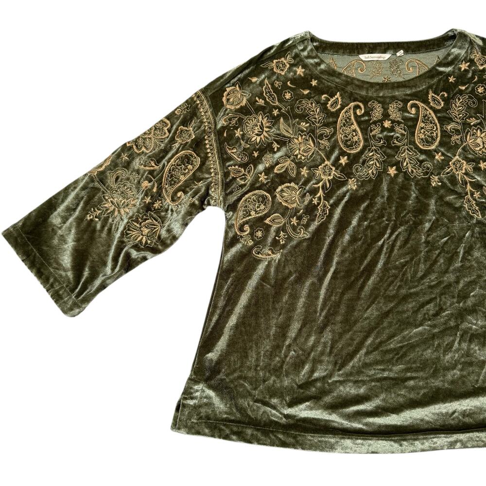 Soft Surroundings Helena Tunic Embroidered Velvet Top Paisley Green Gold PXL